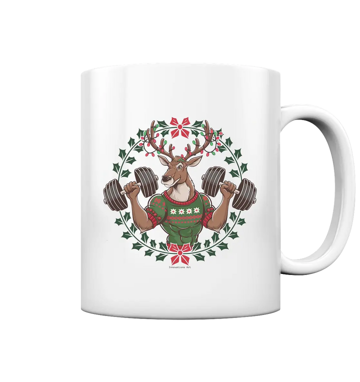 Hirsch mit Weihnachtspullover & Hanteln - Tasse glossy Bright Lights Arts