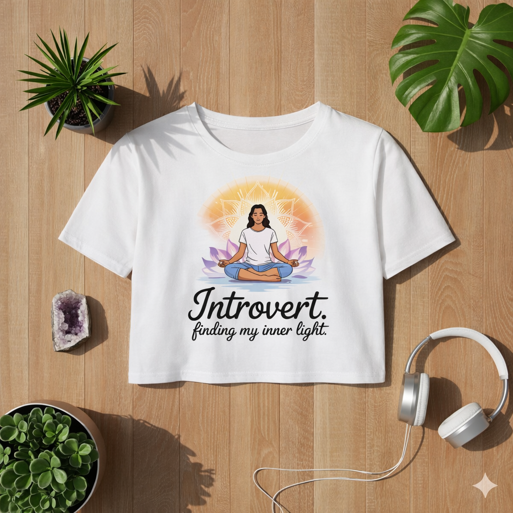 White cropped t-shirt with meditating woman mandala design and introvert finding my inner light quote, minimalist mindfulness yoga crop top by Bright Lights Arts