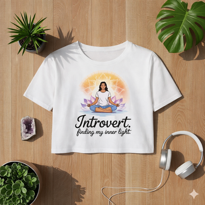 White cropped t-shirt with meditating woman mandala design and introvert finding my inner light quote, minimalist mindfulness yoga crop top by Bright Lights Arts