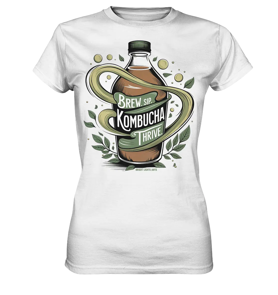 Kombucha Logo – Brew, Sip, Thrive - Ladies Premium Shirt Bright Lights Arts