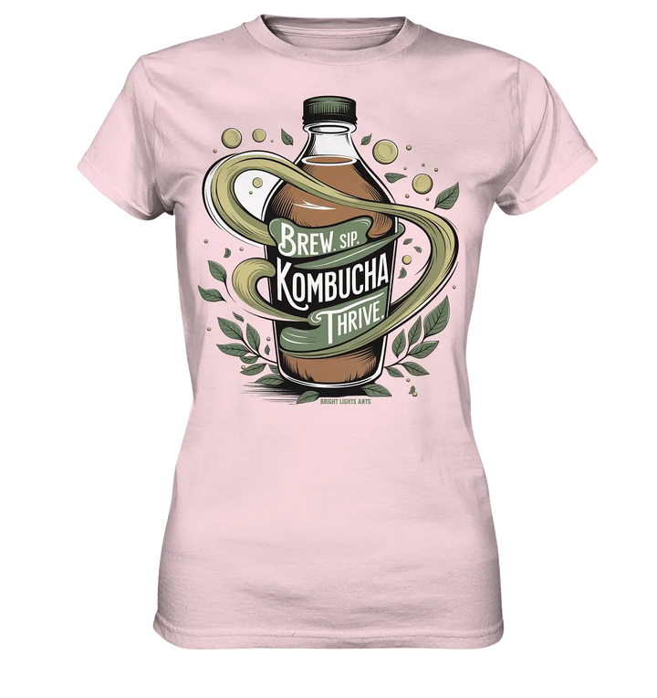 Kombucha Logo – Brew, Sip, Thrive - Ladies Premium Shirt Bright Lights Arts