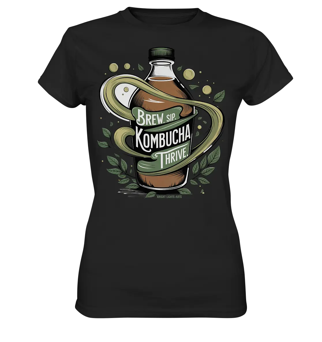 Kombucha Logo – Brew, Sip, Thrive - Ladies Premium Shirt Bright Lights Arts