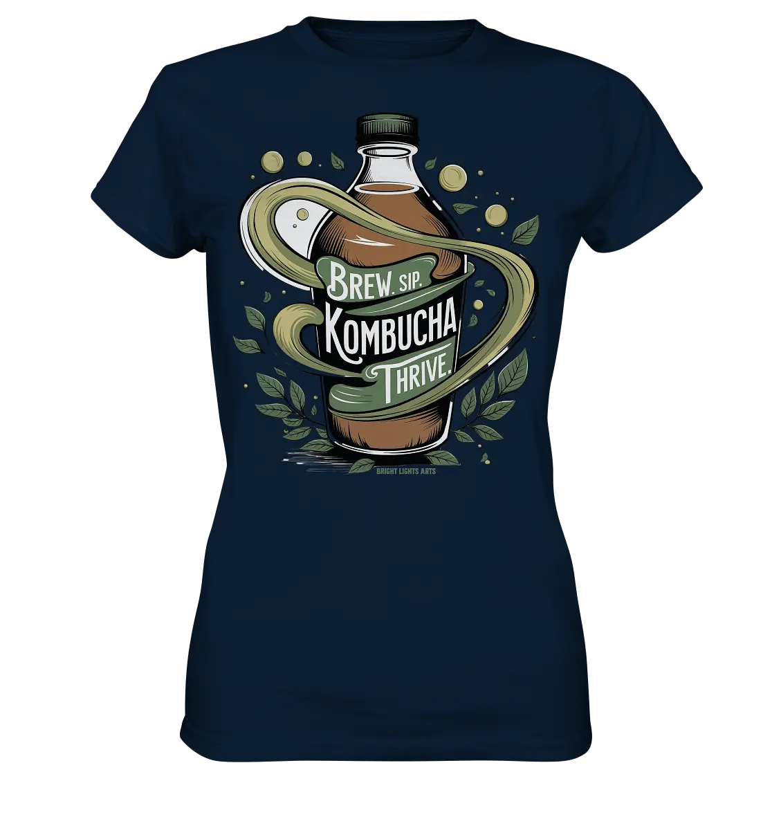 Kombucha Logo – Brew, Sip, Thrive - Ladies Premium Shirt Bright Lights Arts