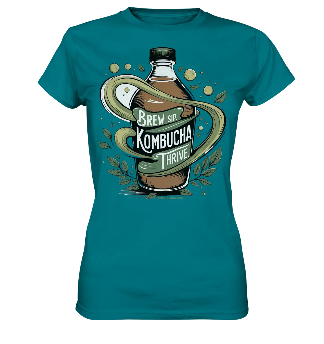 Kombucha Logo – Brew, Sip, Thrive - Ladies Premium Shirt Bright Lights Arts