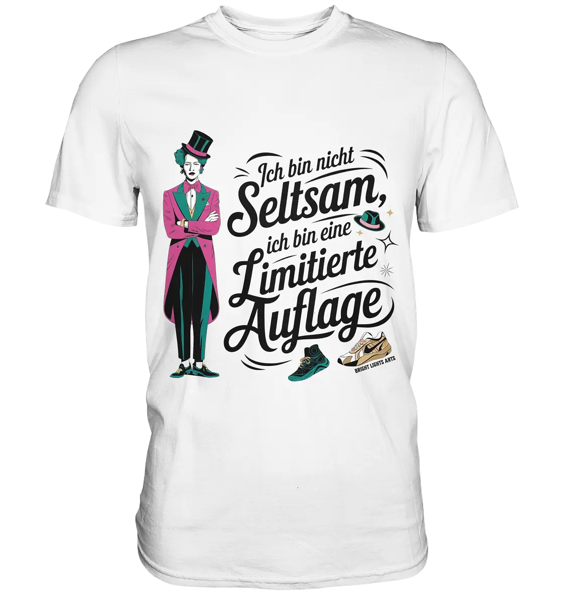 Limitierte Auflage – Pinker Smoking und Zylinder - Premium Shirt Bright Lights Arts