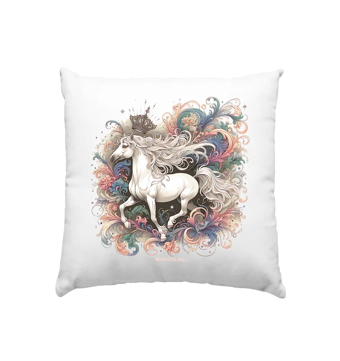 Märchenhaftes weißes Pferd mit Krone - Kissen 40x40cm Bright Lights Arts