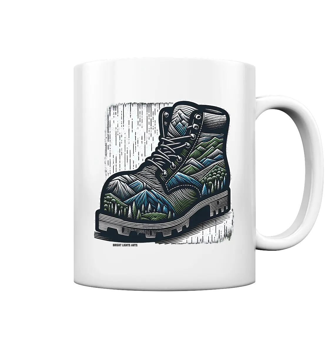Mountain Steps Boot – Abenteuerliches Wanderschuh-Design voller Naturinspiration - Tasse glossy Bright Lights Arts