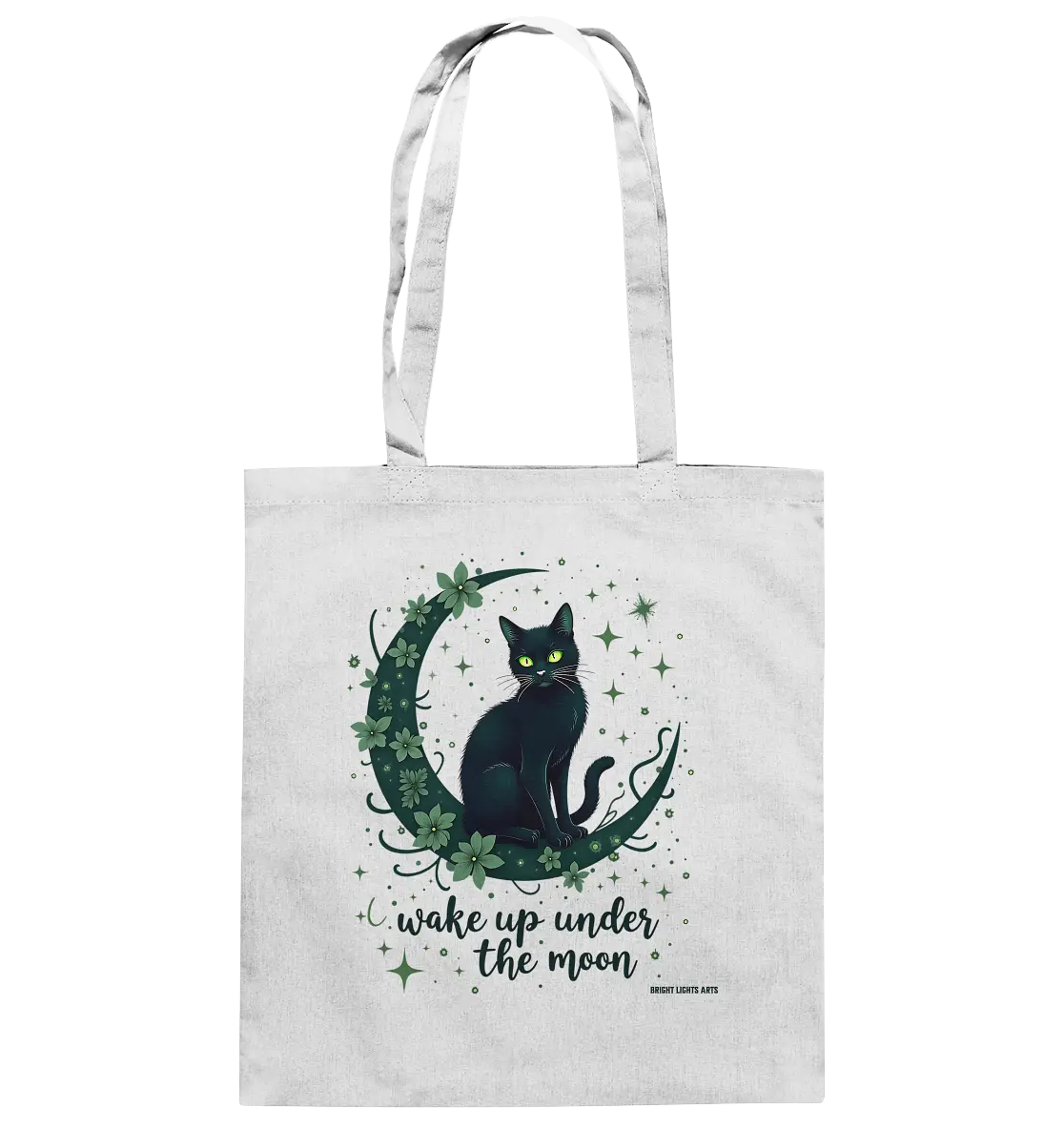 Mystische schwarze Katze auf Mondsichel I wake up under the moon - Baumwolltasche Bright Lights Arts