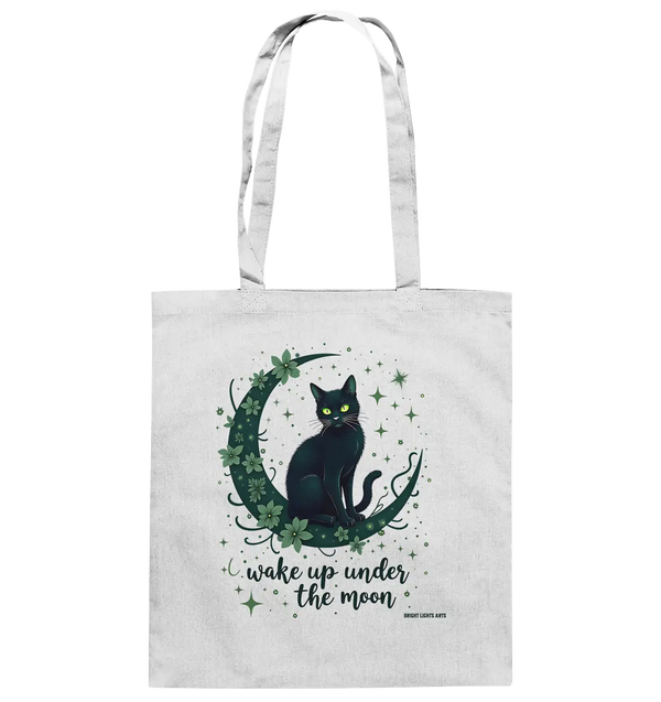 Mystische schwarze Katze auf Mondsichel I wake up under the moon - Baumwolltasche Bright Lights Arts
