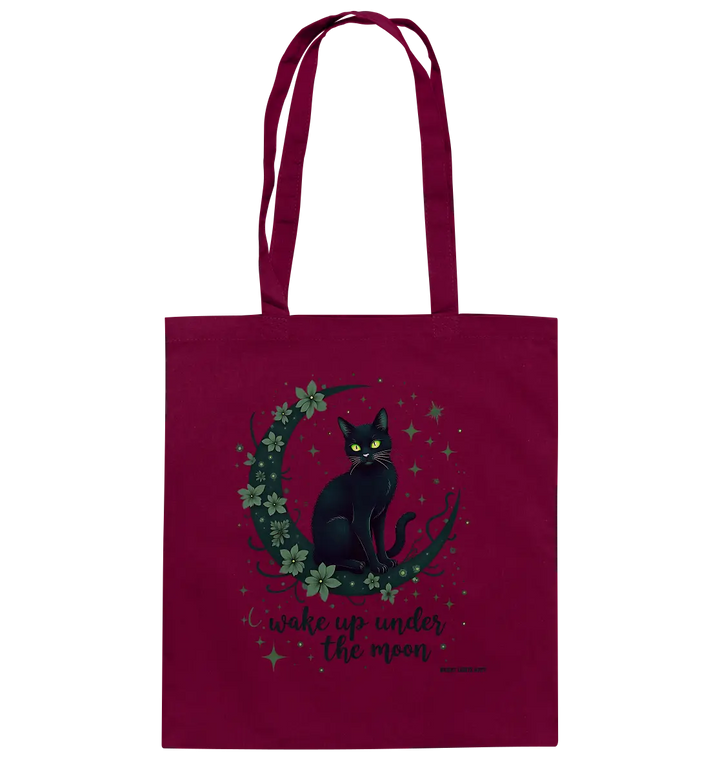 Mystische schwarze Katze auf Mondsichel I wake up under the moon - Baumwolltasche Bright Lights Arts