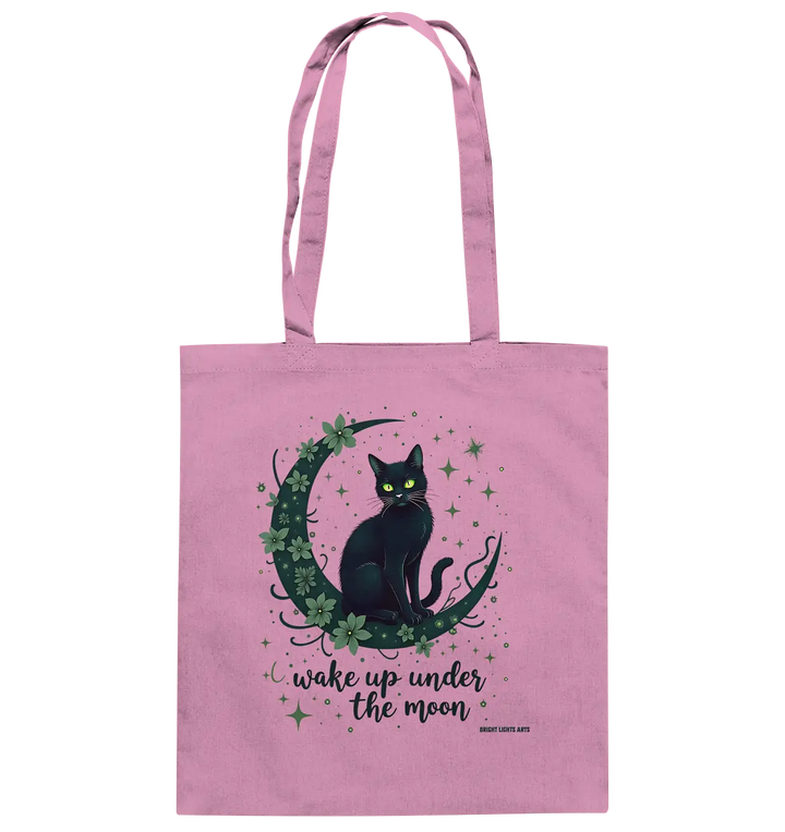 Mystische schwarze Katze auf Mondsichel I wake up under the moon - Baumwolltasche Bright Lights Arts