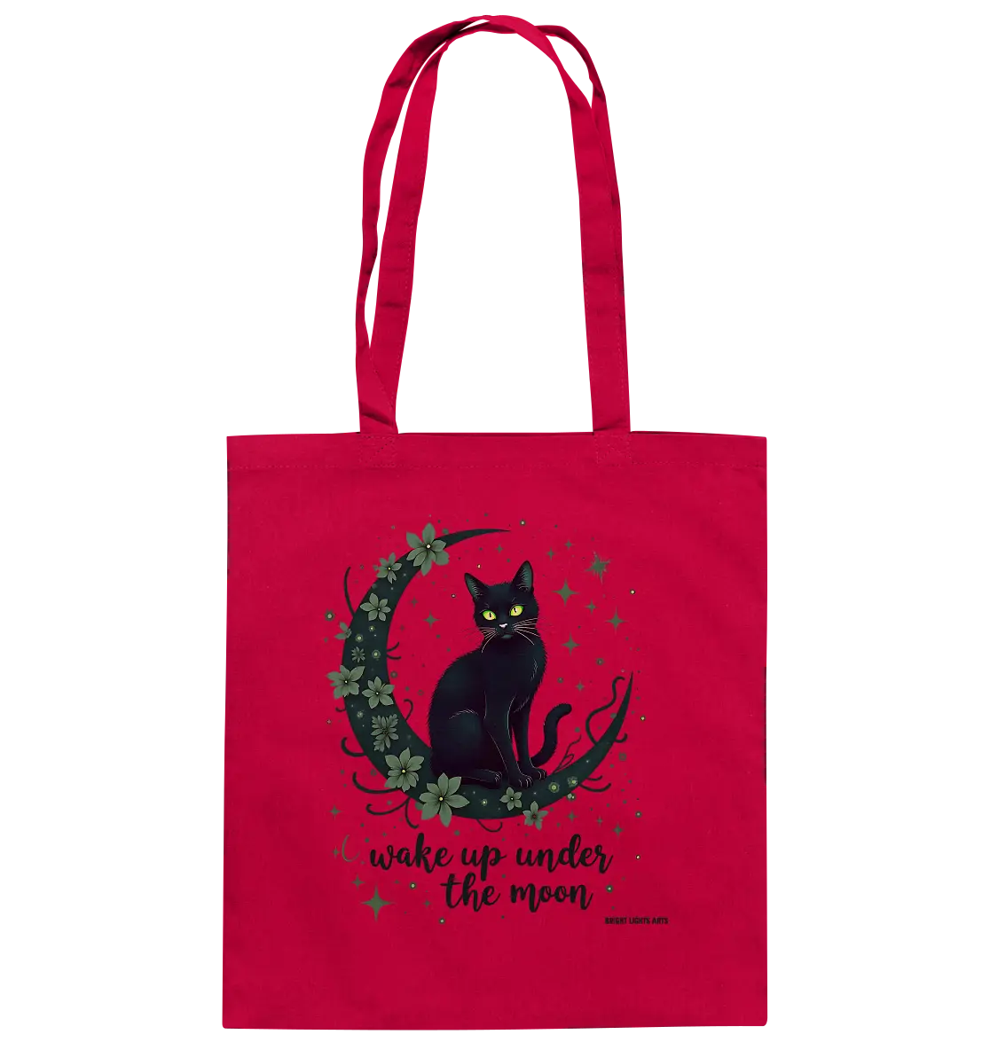 Mystische schwarze Katze auf Mondsichel I wake up under the moon - Baumwolltasche Bright Lights Arts