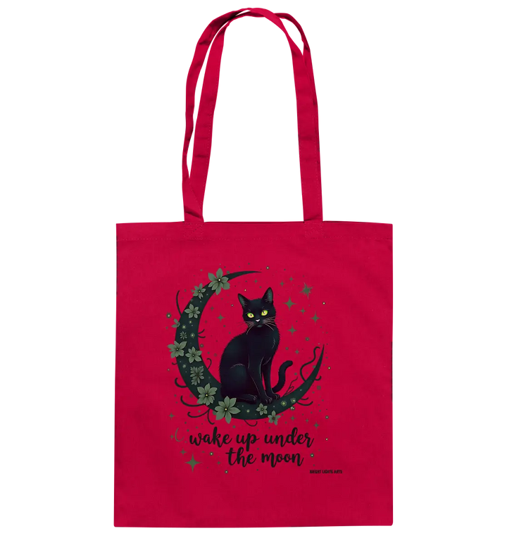 Mystische schwarze Katze auf Mondsichel I wake up under the moon - Baumwolltasche Bright Lights Arts
