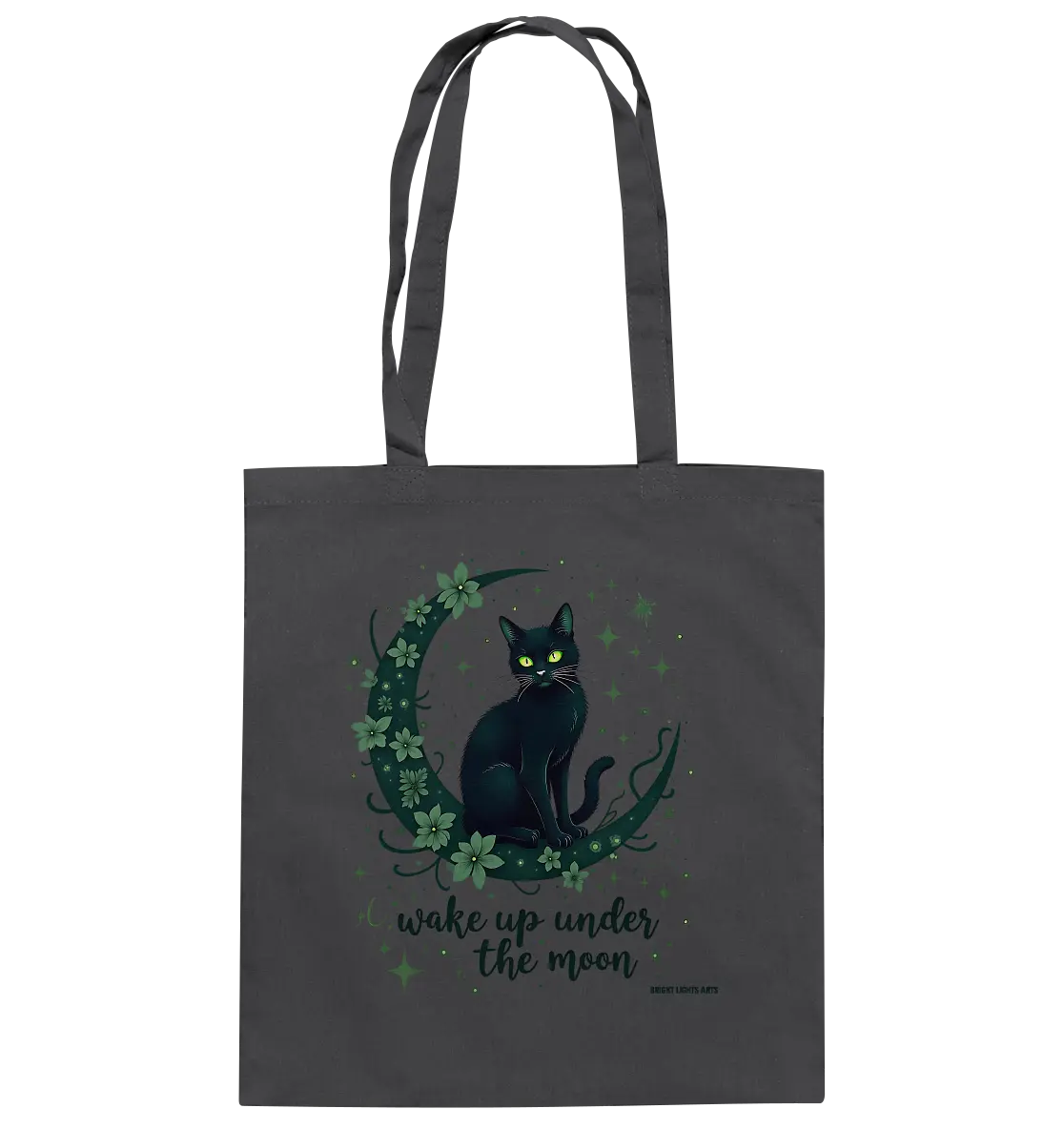 Mystische schwarze Katze auf Mondsichel I wake up under the moon - Baumwolltasche Bright Lights Arts