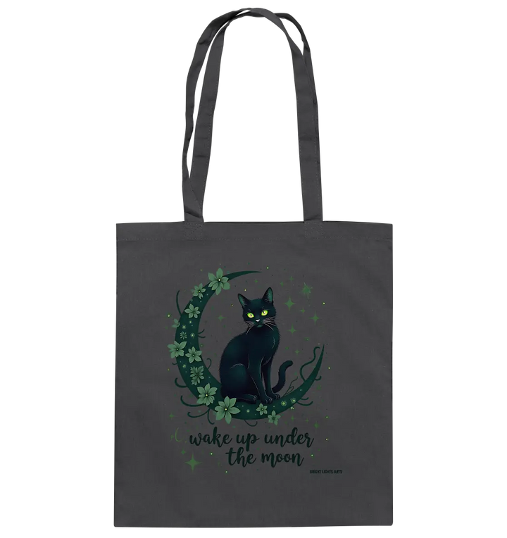Mystische schwarze Katze auf Mondsichel I wake up under the moon - Baumwolltasche Bright Lights Arts