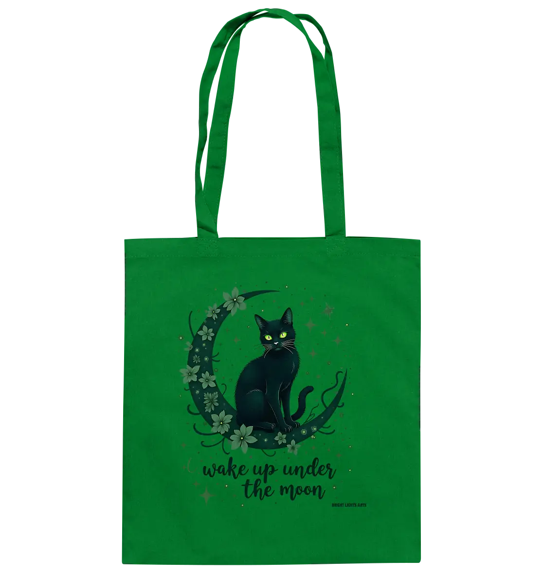 Mystische schwarze Katze auf Mondsichel I wake up under the moon - Baumwolltasche Bright Lights Arts