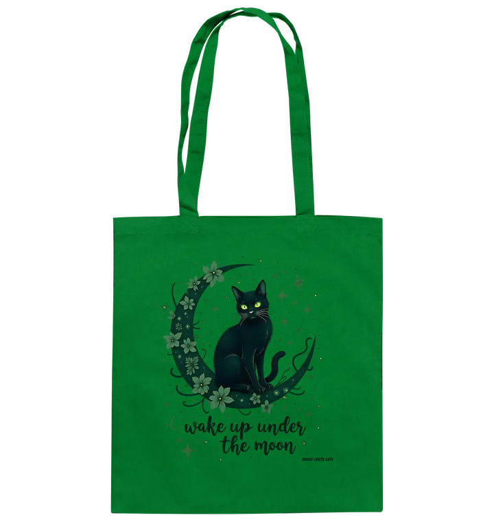 Mystische schwarze Katze auf Mondsichel I wake up under the moon - Baumwolltasche Bright Lights Arts