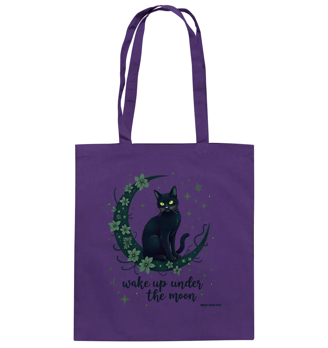 Mystische schwarze Katze auf Mondsichel I wake up under the moon - Baumwolltasche Bright Lights Arts