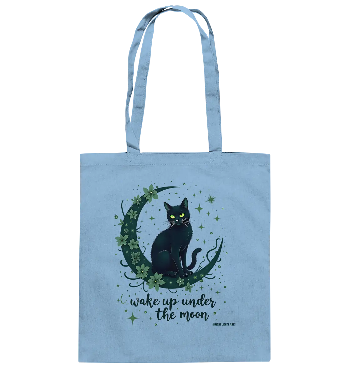 Mystische schwarze Katze auf Mondsichel I wake up under the moon - Baumwolltasche Bright Lights Arts