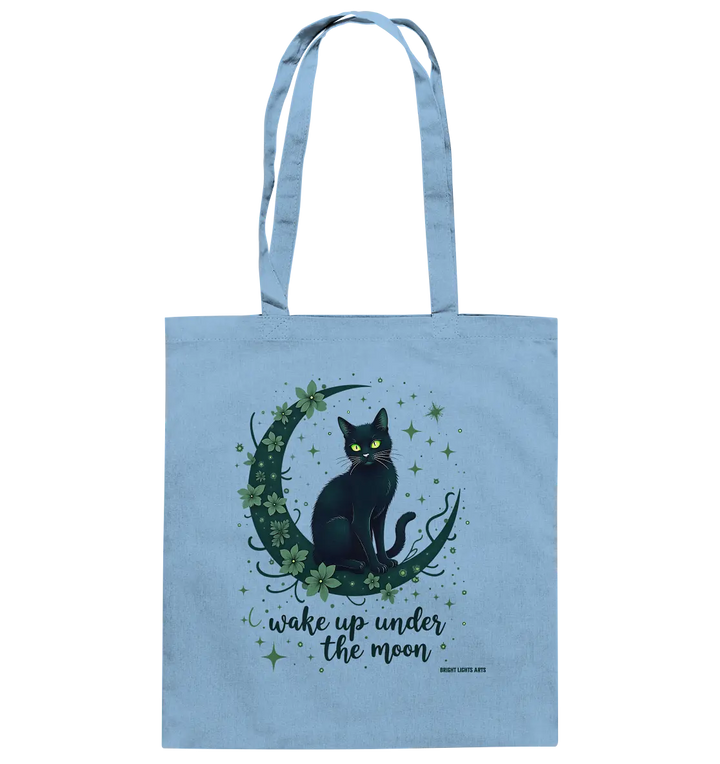 Mystische schwarze Katze auf Mondsichel I wake up under the moon - Baumwolltasche Bright Lights Arts