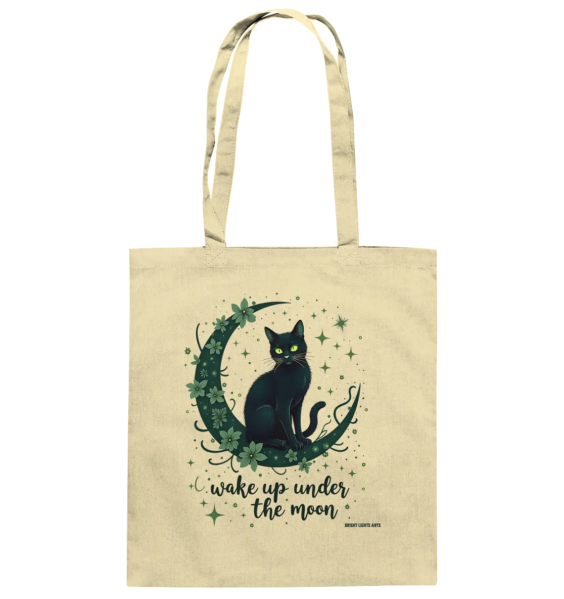 Mystische schwarze Katze auf Mondsichel I wake up under the moon - Baumwolltasche Bright Lights Arts