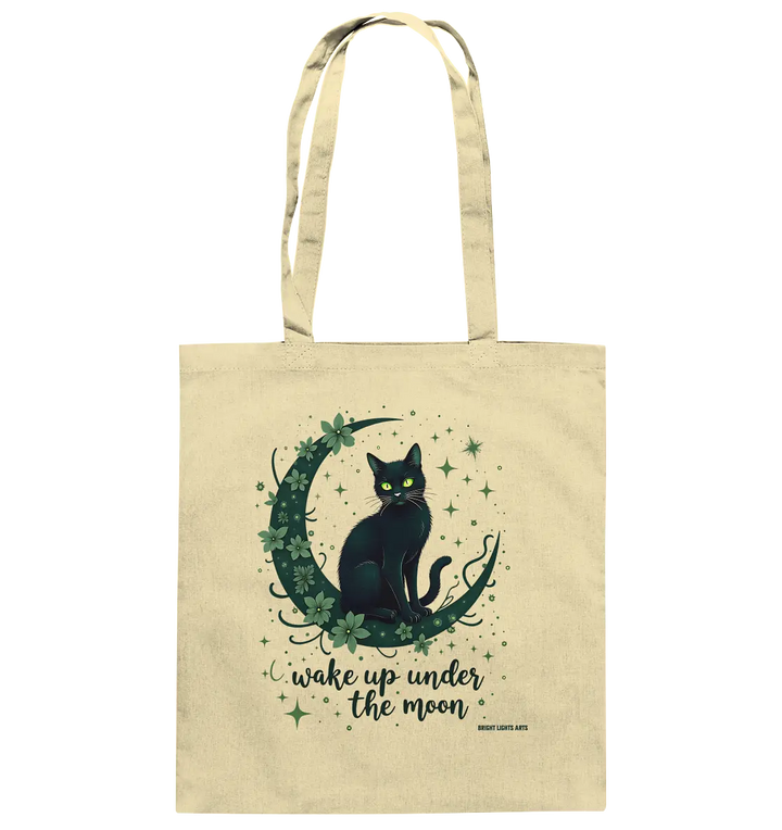 Mystische schwarze Katze auf Mondsichel I wake up under the moon - Baumwolltasche Bright Lights Arts