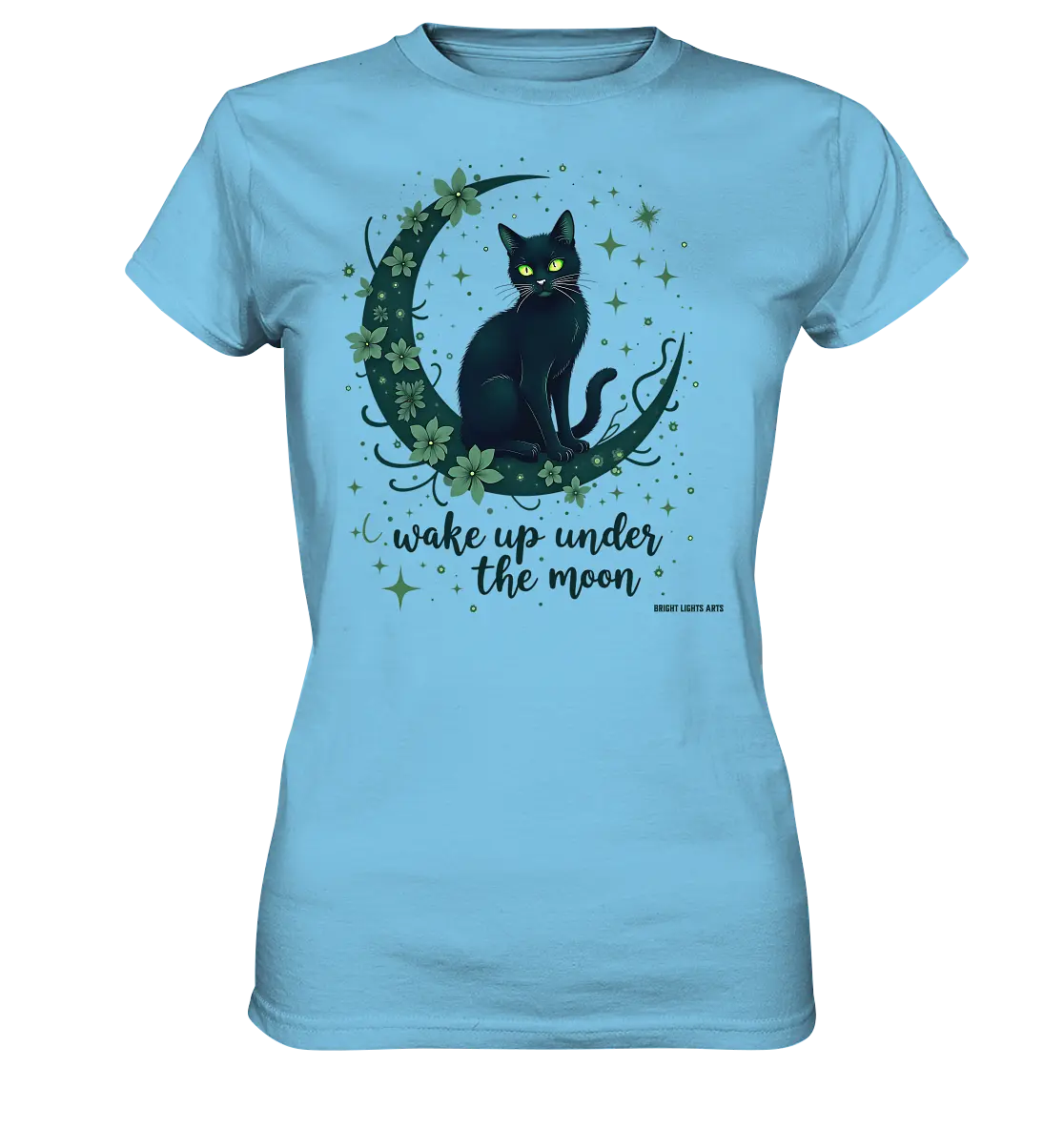Mystische schwarze Katze auf Mondsichel I wake up under the moon - Ladies Premium Shirt Bright Lights Arts