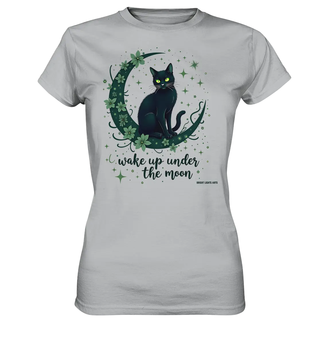 Mystische schwarze Katze auf Mondsichel I wake up under the moon - Ladies Premium Shirt Bright Lights Arts