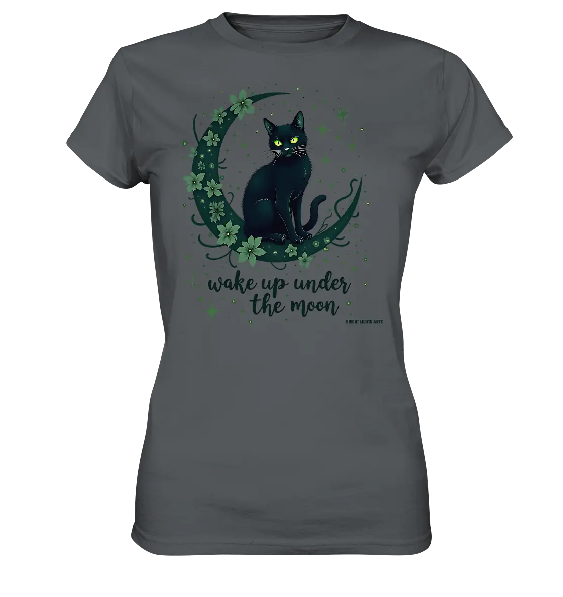 Mystische schwarze Katze auf Mondsichel I wake up under the moon - Ladies Premium Shirt Bright Lights Arts