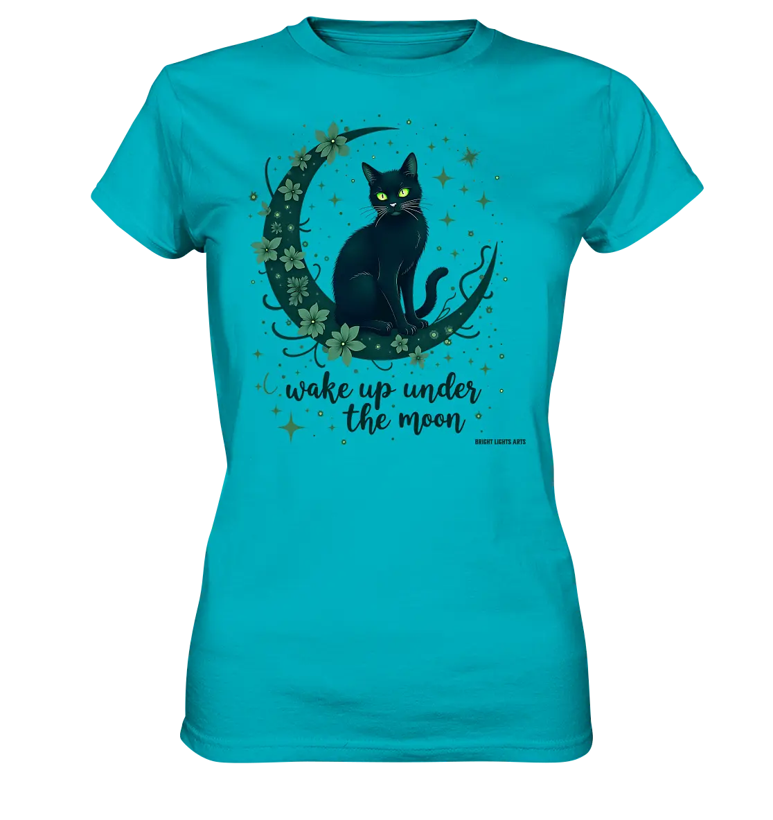 Mystische schwarze Katze auf Mondsichel I wake up under the moon - Ladies Premium Shirt Bright Lights Arts