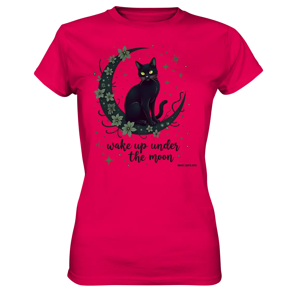 Mystische schwarze Katze auf Mondsichel I wake up under the moon - Ladies Premium Shirt Bright Lights Arts