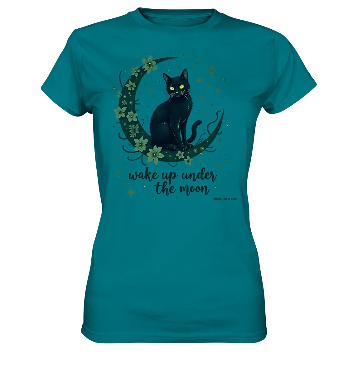 Mystische schwarze Katze auf Mondsichel I wake up under the moon - Ladies Premium Shirt Bright Lights Arts