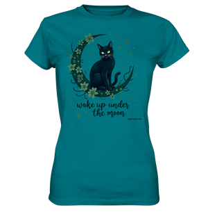 Mystische schwarze Katze auf Mondsichel I wake up under the moon - Ladies Premium Shirt Bright Lights Arts