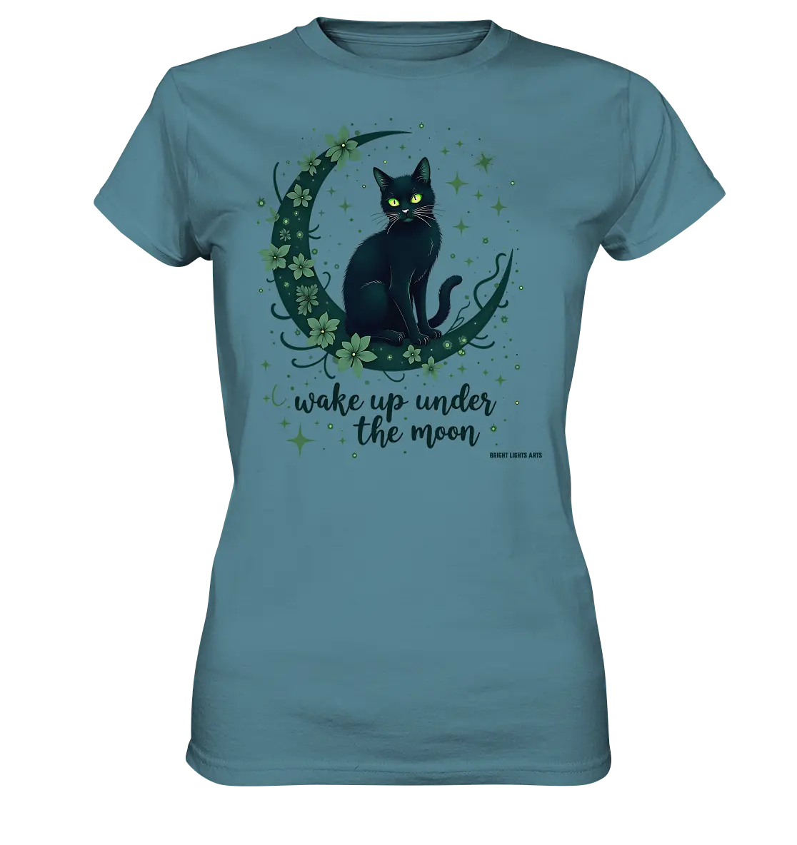 Mystische schwarze Katze auf Mondsichel I wake up under the moon - Ladies Premium Shirt Bright Lights Arts