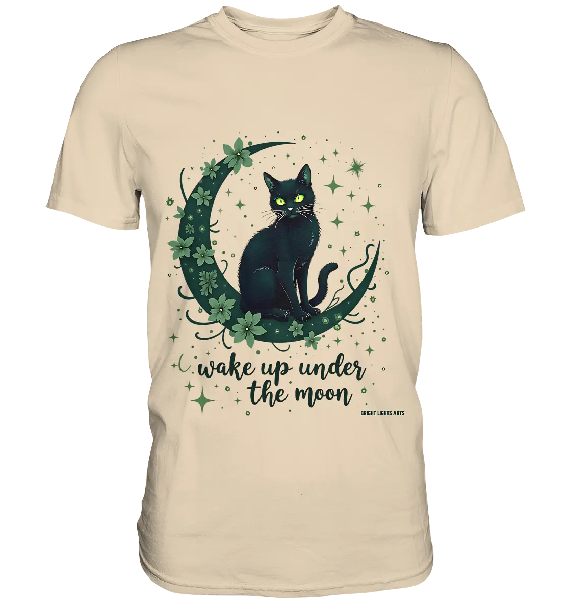 Mystische schwarze Katze auf Mondsichel I wake up under the moon - Premium Shirt Bright Lights Arts