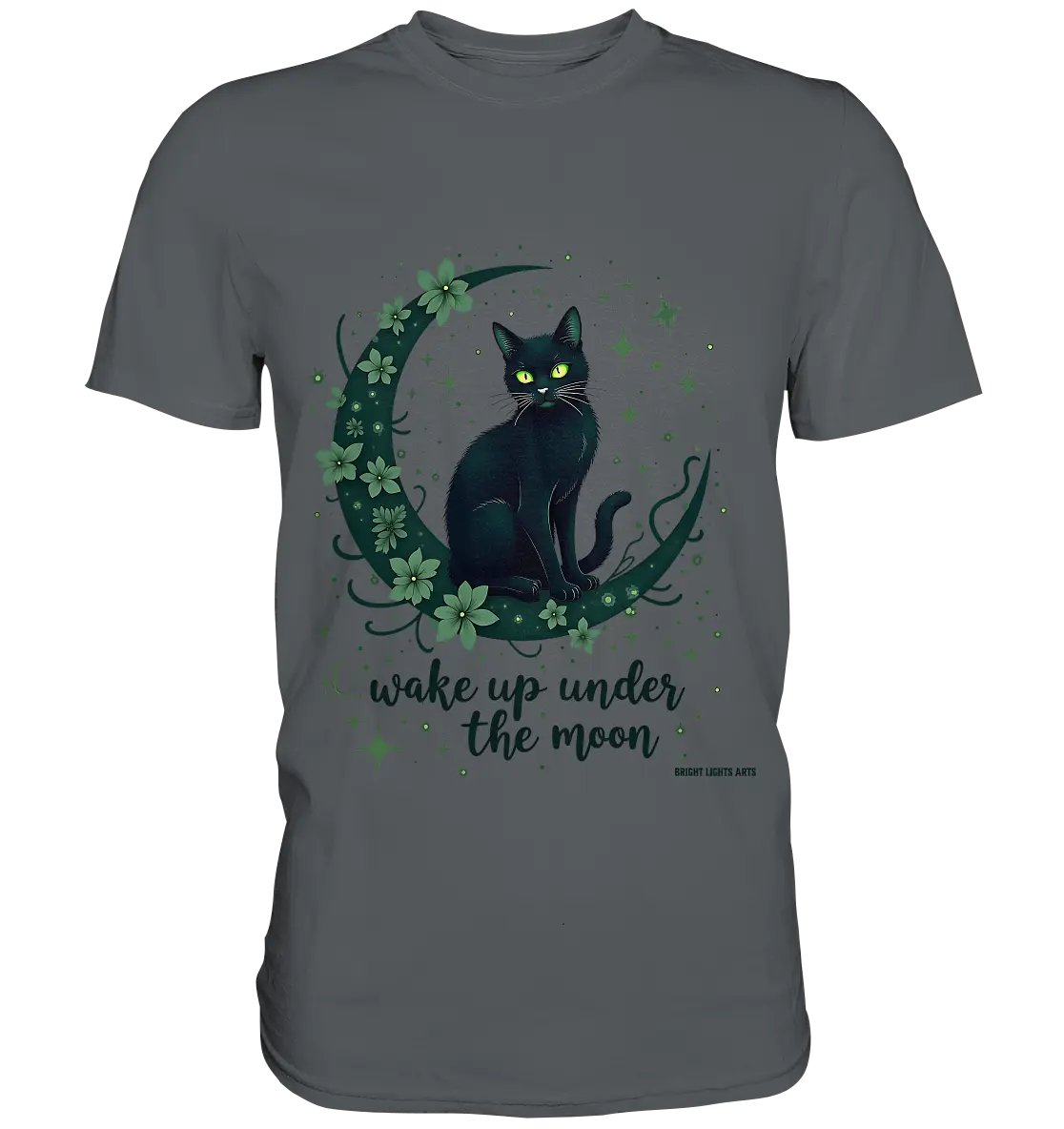 Mystische schwarze Katze auf Mondsichel I wake up under the moon - Premium Shirt Bright Lights Arts