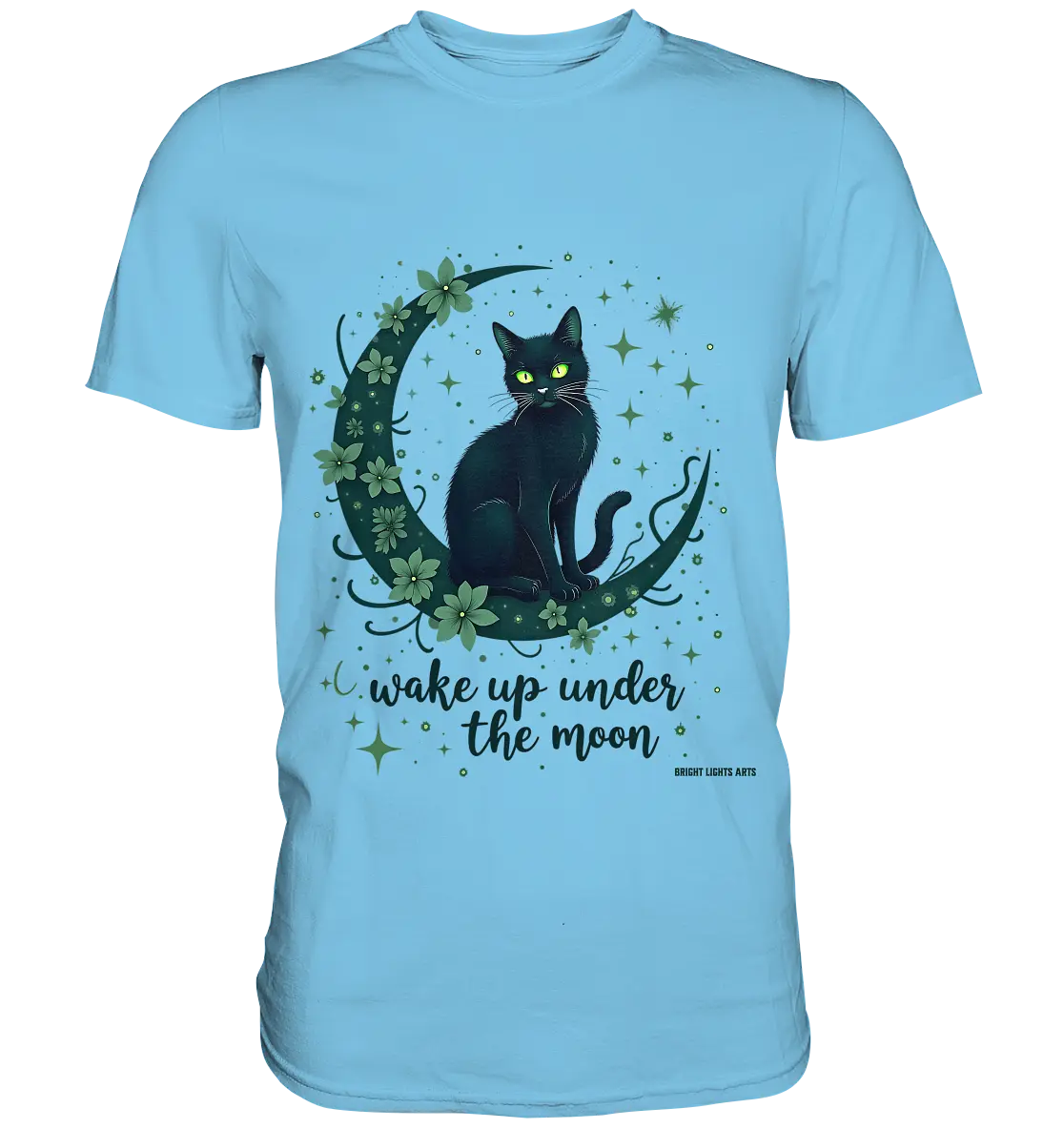 Mystische schwarze Katze auf Mondsichel I wake up under the moon - Premium Shirt Bright Lights Arts