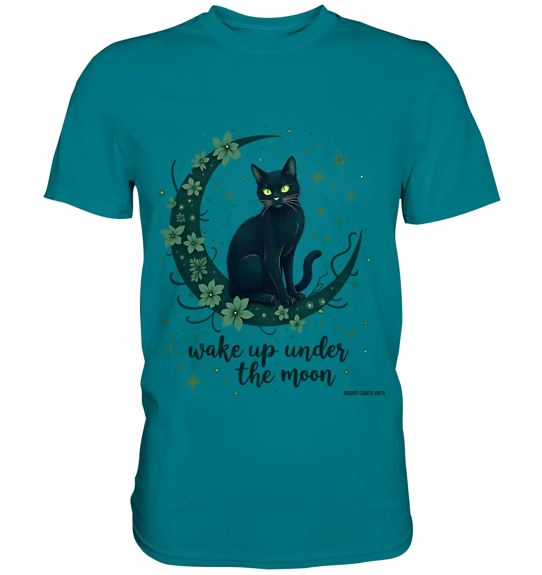 Mystische schwarze Katze auf Mondsichel I wake up under the moon - Premium Shirt Bright Lights Arts