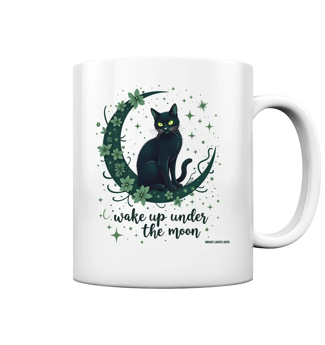 Mystische schwarze Katze auf Mondsichel I wake up under the moon - Tasse glossy Bright Lights Arts