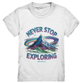 Never Stop Exploring Cosmic Mountain Adventure - Kids Premium Shirt Bright Lights Arts