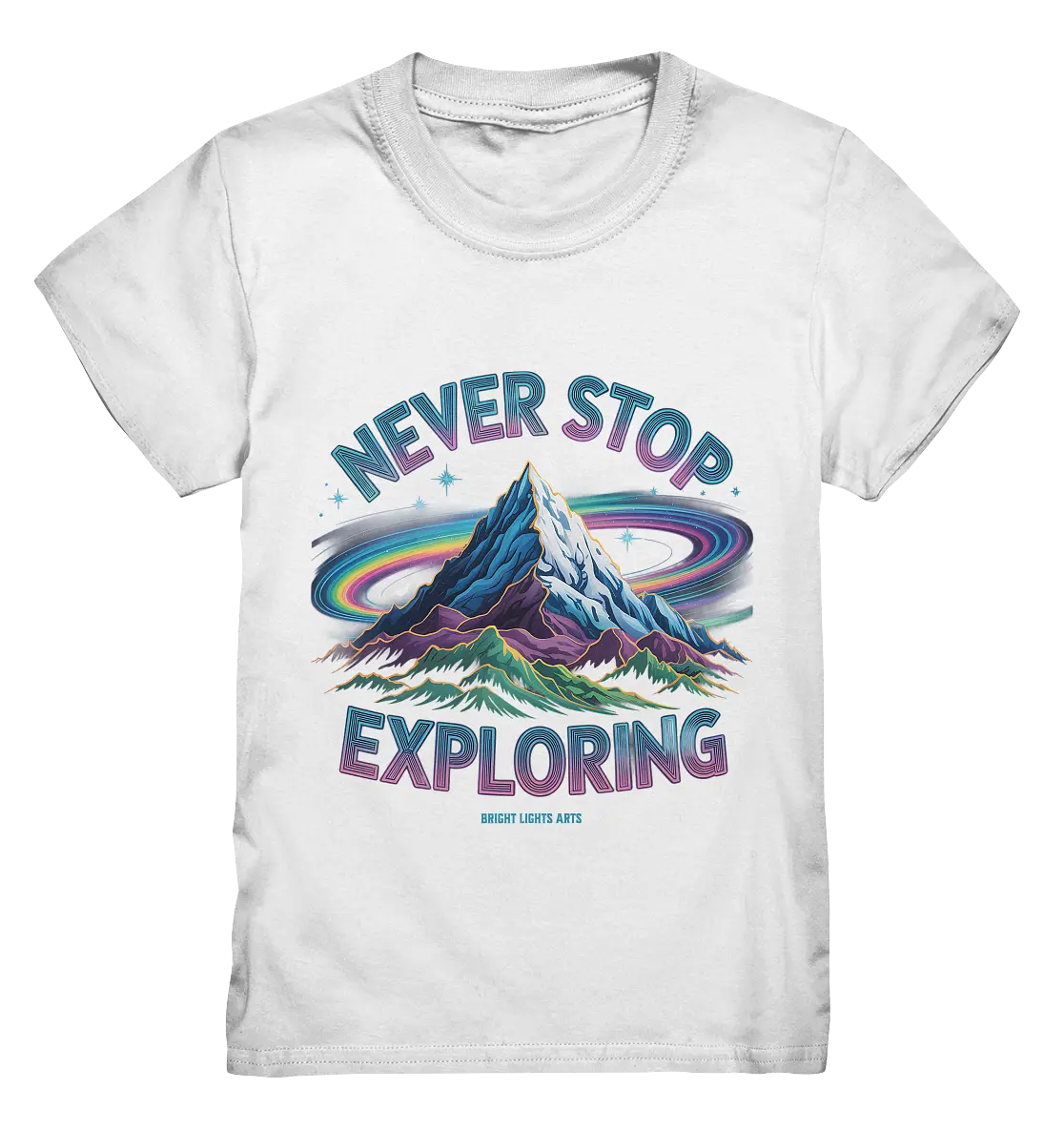 Never Stop Exploring Cosmic Mountain Adventure - Kids Premium Shirt Bright Lights Arts