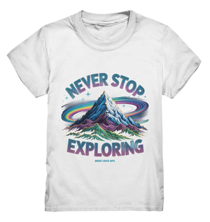 Never Stop Exploring Cosmic Mountain Adventure - Kids Premium Shirt Bright Lights Arts