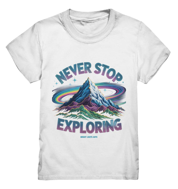 Never Stop Exploring Cosmic Mountain Adventure - Kids Premium Shirt Bright Lights Arts