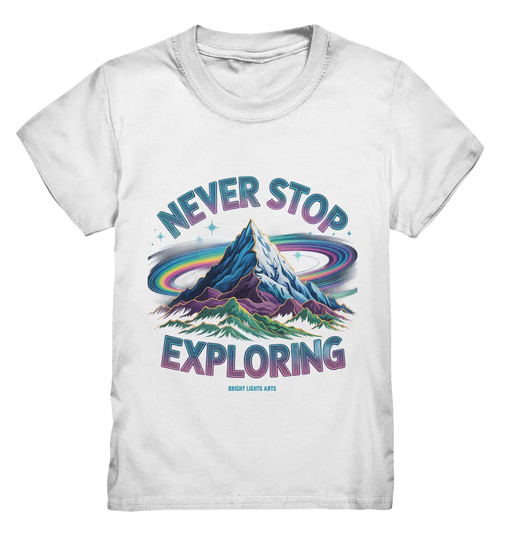 Never Stop Exploring Cosmic Mountain Adventure - Kids Premium Shirt Bright Lights Arts
