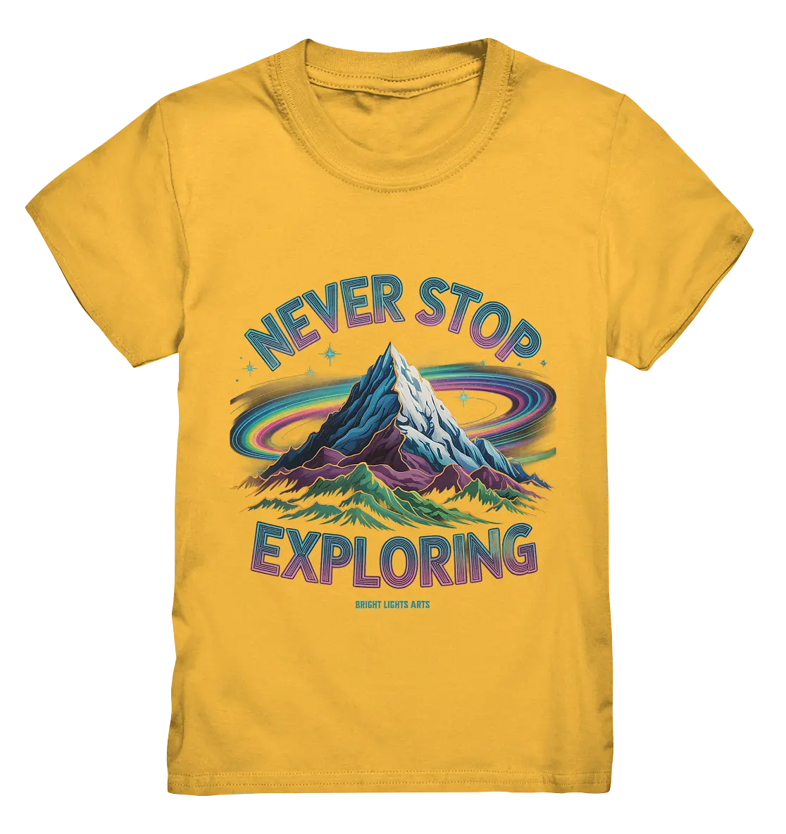 Never Stop Exploring Cosmic Mountain Adventure - Kids Premium Shirt Bright Lights Arts