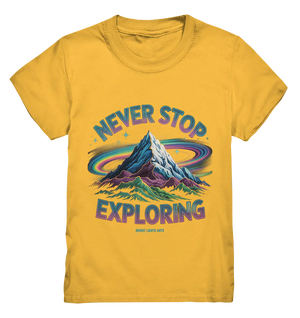 Never Stop Exploring Cosmic Mountain Adventure - Kids Premium Shirt Bright Lights Arts