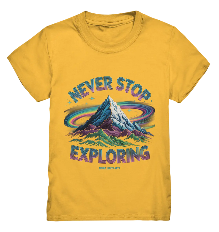 Never Stop Exploring Cosmic Mountain Adventure - Kids Premium Shirt Bright Lights Arts