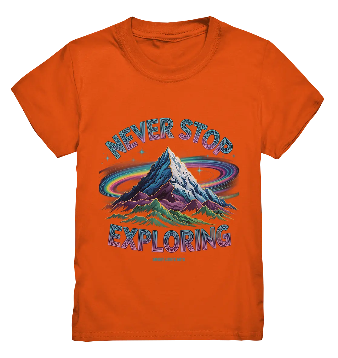 Never Stop Exploring Cosmic Mountain Adventure - Kids Premium Shirt Bright Lights Arts