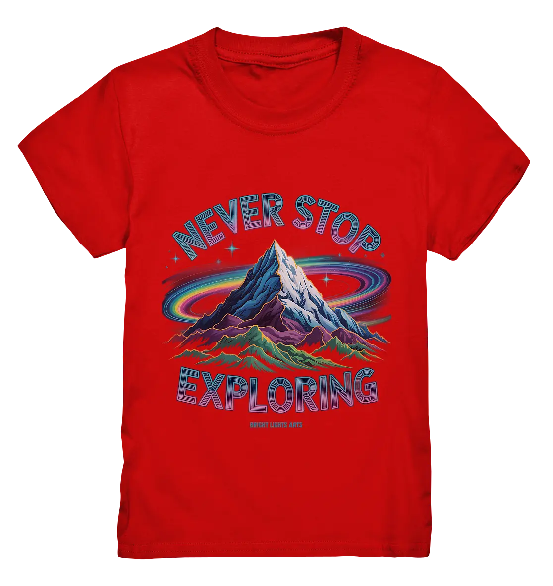 Never Stop Exploring Cosmic Mountain Adventure - Kids Premium Shirt Bright Lights Arts