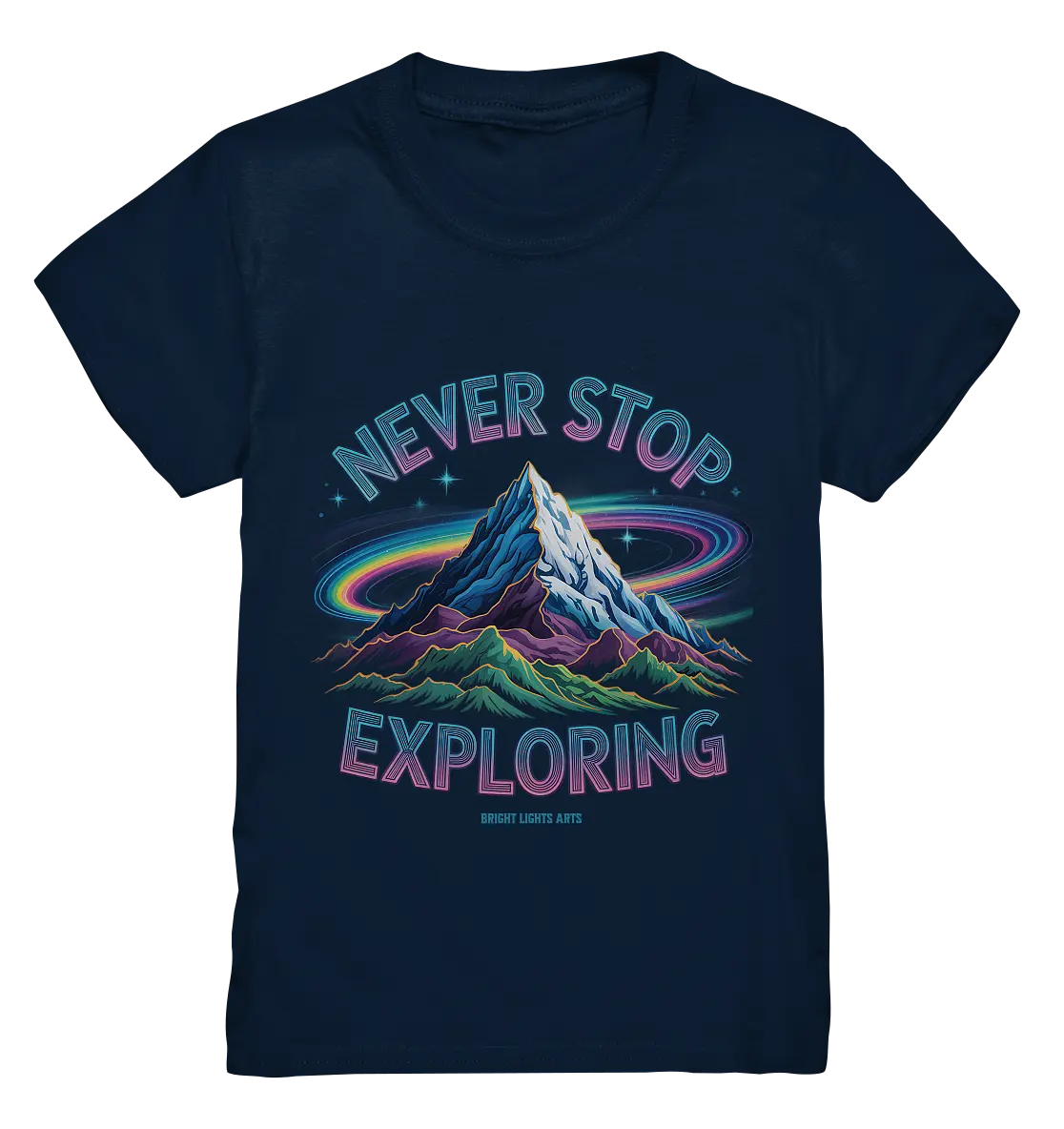 Never Stop Exploring Cosmic Mountain Adventure - Kids Premium Shirt Bright Lights Arts